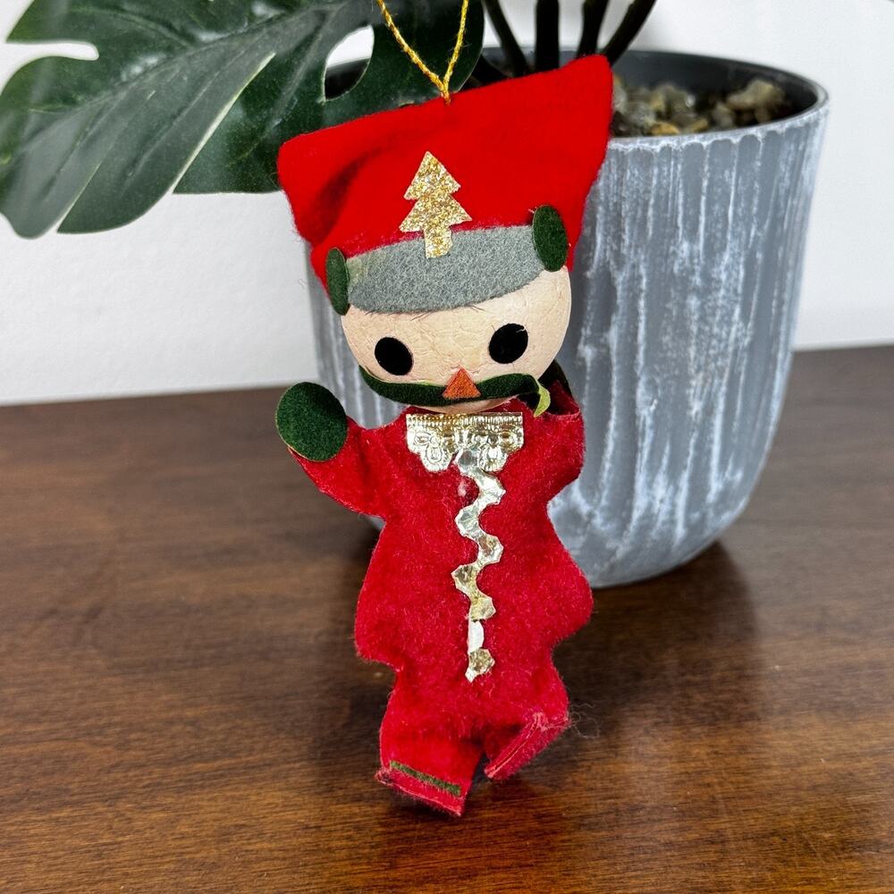 Vintage Felt Nutcracker Soldier Christmas Ornament Red Green Gold Japan 4"